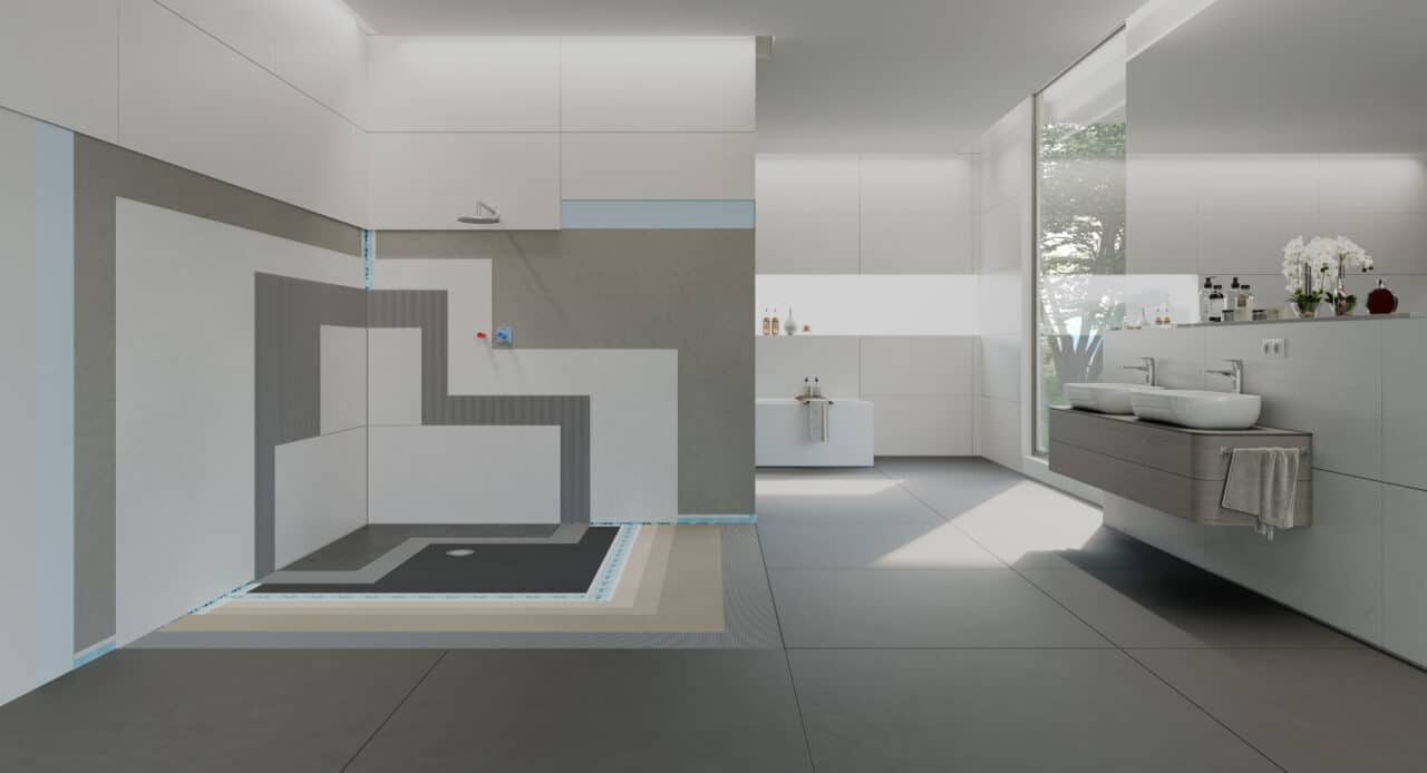 Modernes Badezimmer mit bodengleicher Dusche während der Badsanierung, sichtbar sind Abdichtbahnen, Wandabdichtung und vorbereiteter Fliesenaufbau.