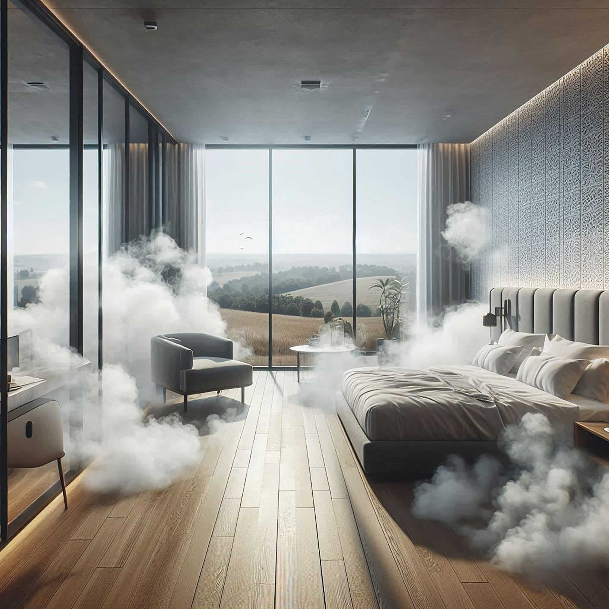 Moderner Innenraum mit sichtbarer Rauchentwicklung als Beispiel für Brandfall und Notwendigkeit von Rauchabzug und Brandschutzmaßnahmen