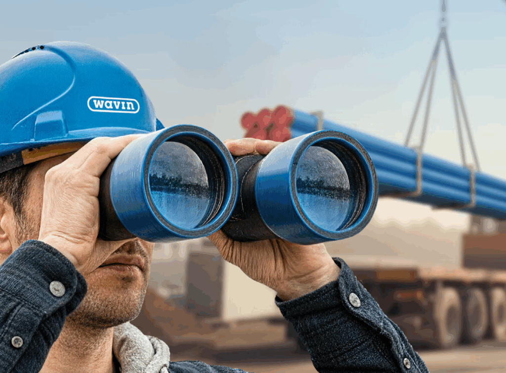 Facharbeiter mit Wavin-Schutzhelm hält zwei blaue Rohrstücke wie ein Fernglas und blickt auf eine Baustelle mit gehobenen Druckrohren im Hintergrund.