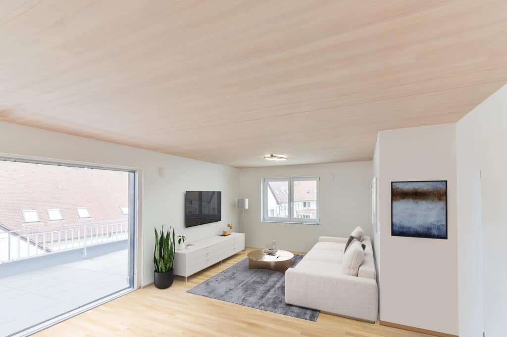 Modernes Wohnzimmer mit heller CLT-Decke aus heimischer Fichte in astreiner Rift-Qualität.