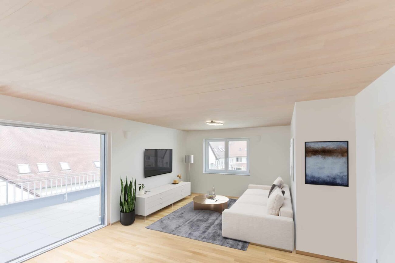 Modernes Wohnzimmer mit heller CLT-Decke aus heimischer Fichte in astreiner Rift-Qualität.