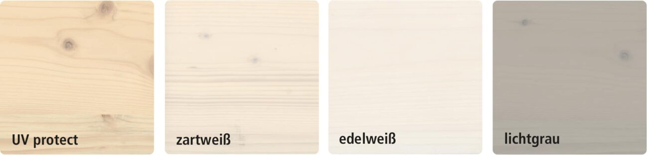 Übersicht verschiedener Lasurvarianten für CLT-Oberflächen, inklusive UV-Schutz, zartweiß, edelweiß und lichtgrau.