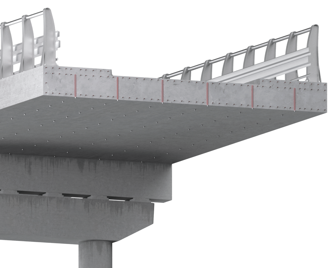 Brückenquerschnitt mit nachträglicher Querkraftverstärkung durch eingebohrte Bewehrungsstäbe im Beton.