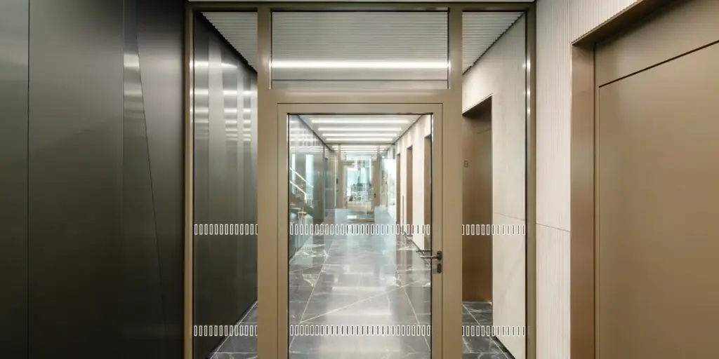 Moderne Brandschutz-Glastrennwand mit Tür in einem hellen, hochwertig gestalteten Büroflur mit Steinboden und Metalldetails.