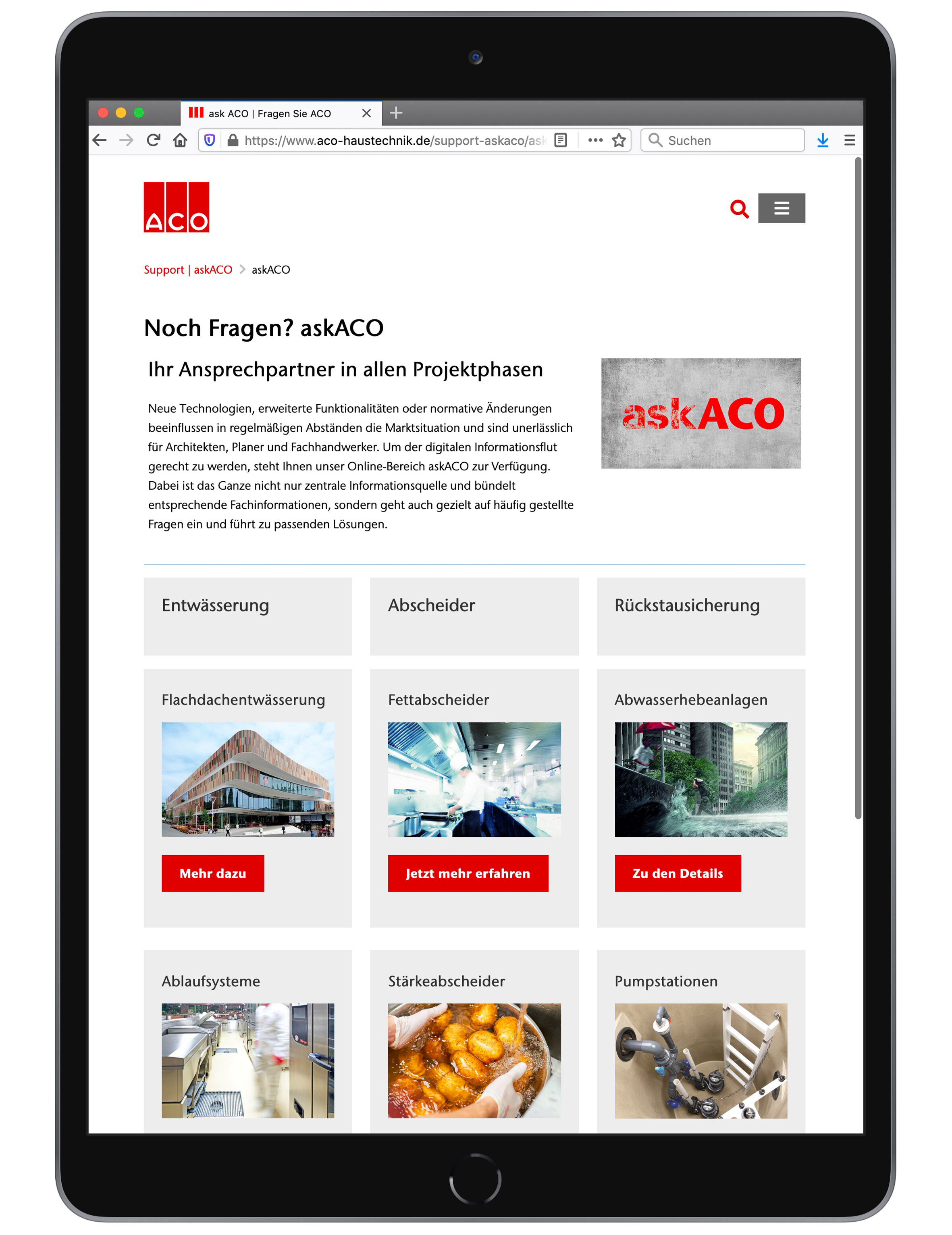 askACO von ACO Haustechnik: Eine zentrale Online-Informationsquelle für Planer, Architekten und Verarbeiter, die thematisch gegliederte Fachinformationen bereitstellt, dabei auch gezielt auf häufig gestellte Fragen eingeht und vor allem zu passenden…