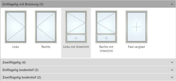 Einblick in die Software: Es sind die üblichen Fensterbauarten darstellbar. Festverglast, einflügelig, zweiflügelig, mit und ohne Unterlicht – die Bauart des Fensters bestimmt die Lastverteilung auf die einzelnen Befestiger. © Würth
