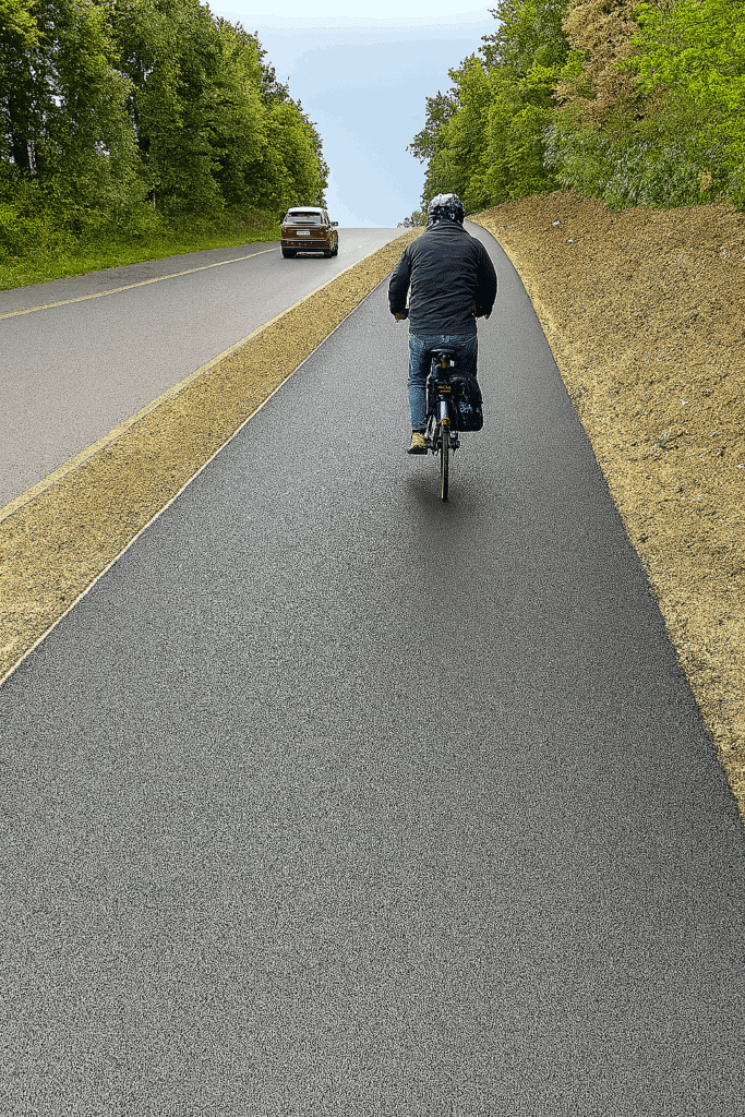 Radfahrer fährt auf einem frisch asphaltierten Radweg entlang einer Landstraße, Visualisierung der geplanten Strecke.