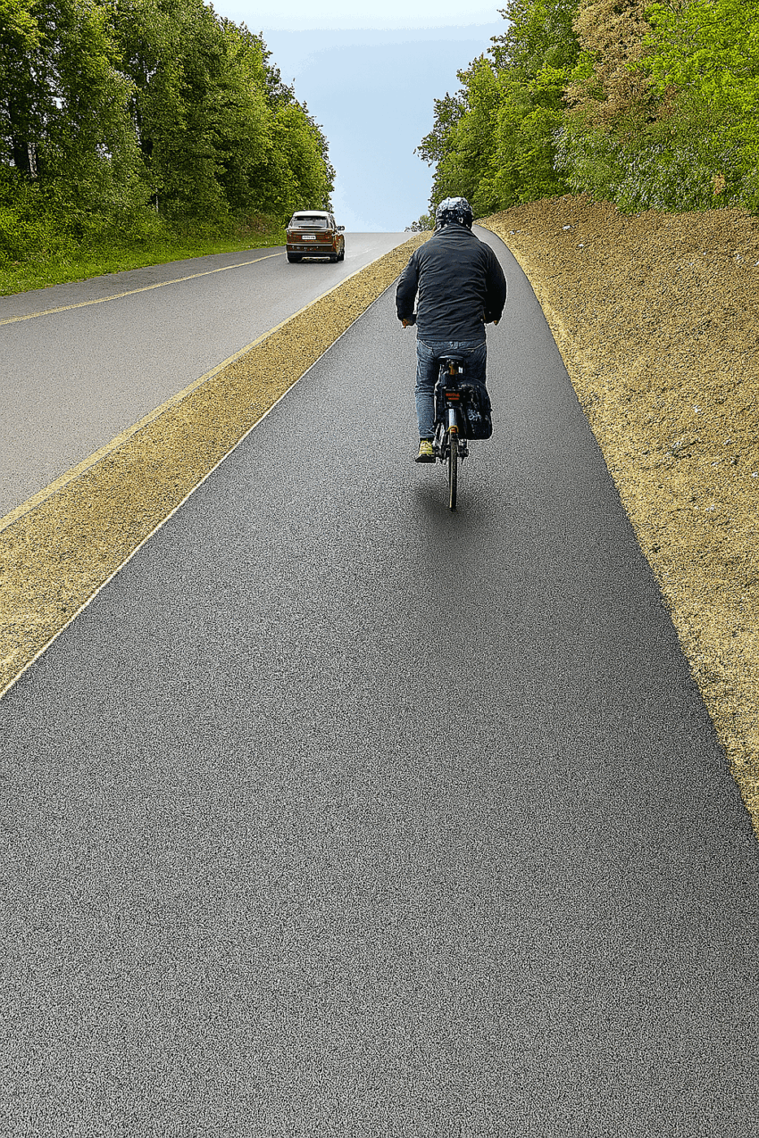 Radfahrer fährt auf einem frisch asphaltierten Radweg entlang einer Landstraße, Visualisierung der geplanten Strecke.