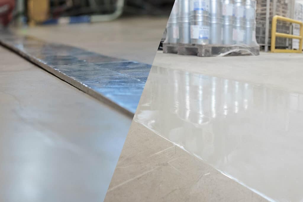 Vergleich von beschädigter und neu vergossener Industriefuge in Nahaufnahme.