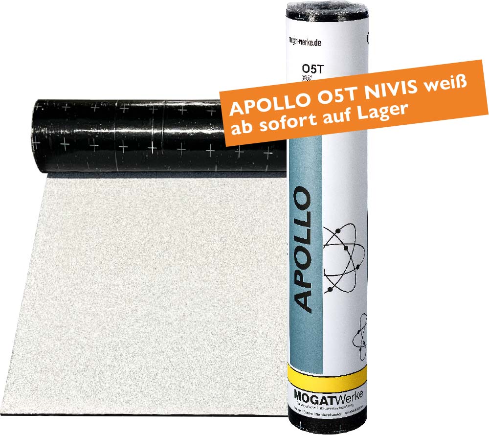 Produktfoto der MOGAT APOLLO O5T NIVIS weißen Dachbahn als Rolle mit Hinweis „ab sofort auf Lager“.