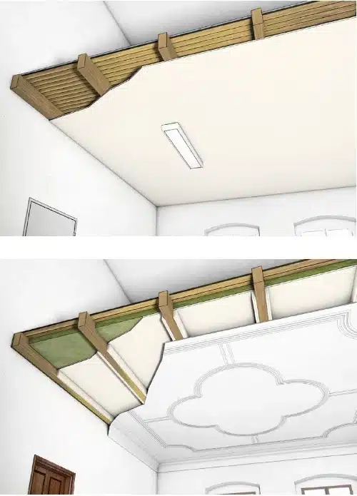 Zweiteilige Grafik einer Holzbalkendecke, die eine integrierte Brandschutzlösung zeigt – mit eingelegten Platten und sichtbarer Zierdecke im Innenraum.