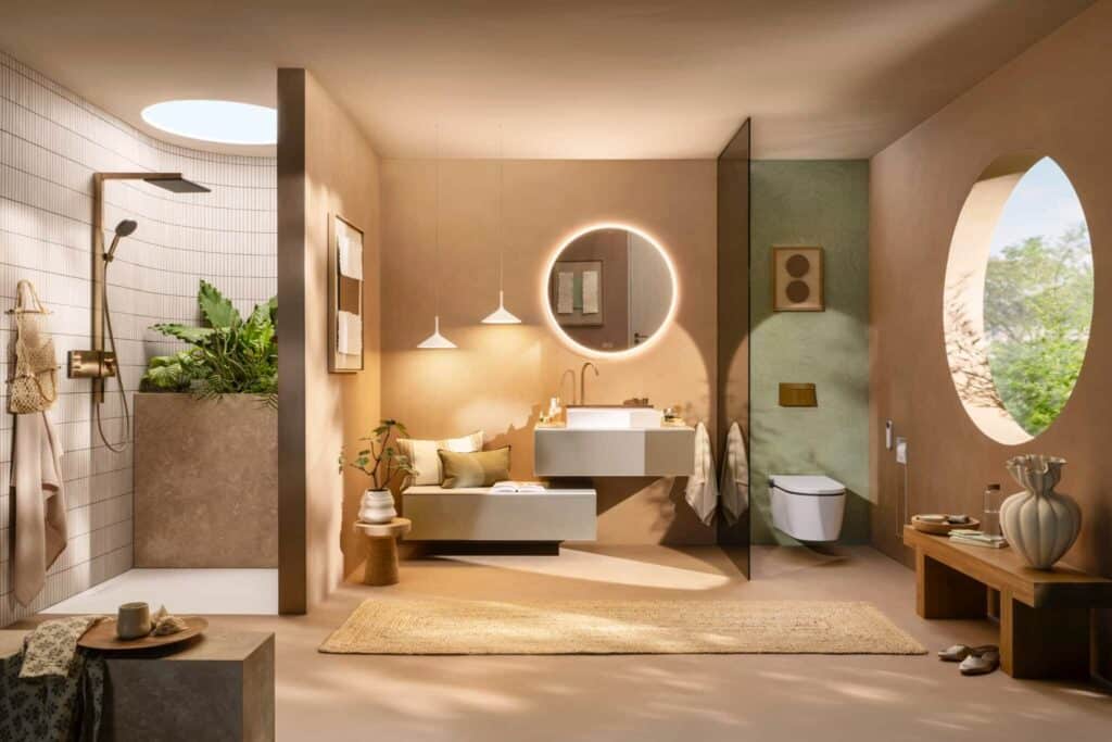 Modernes Badezimmer in Erdtönen mit kreisförmigen Elementen