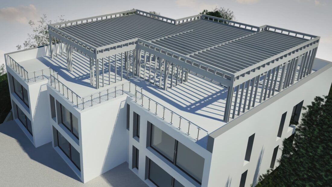 3D-Rendering einer Gebäudeaufstockung mit modularer Tragstruktur in Stahlleichtbauweise.
