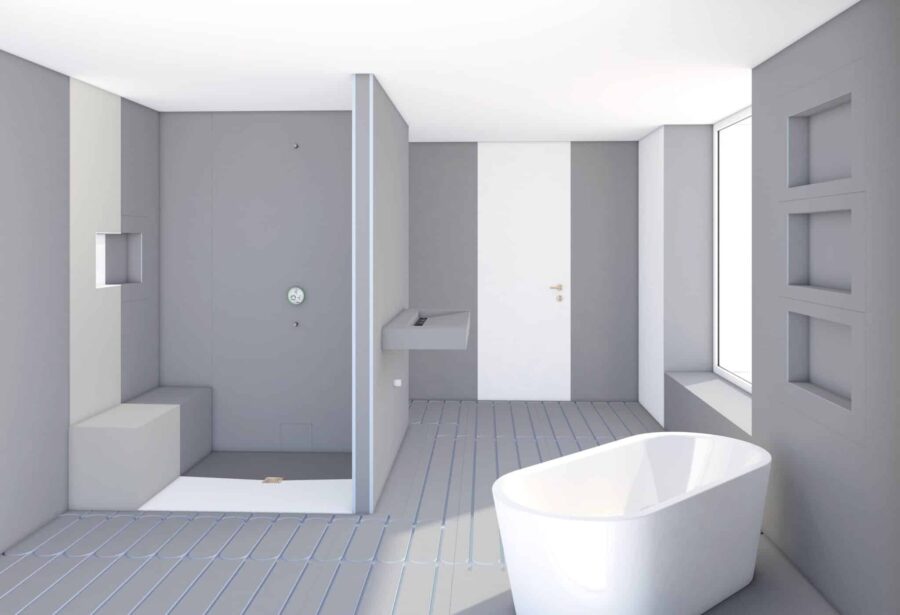 Modernes Bad mit bodengleicher wedi Dusche, freistehender Badewanne und Flächenheizung im Boden.