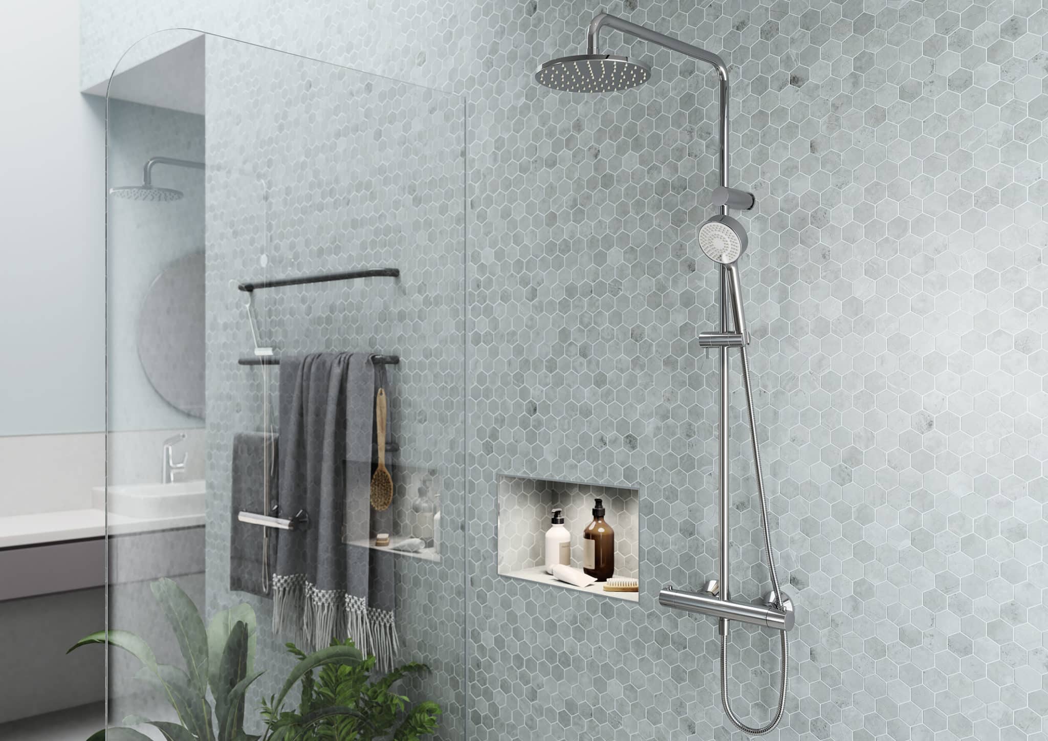 Sorgloses Duschvergnügen: Mit der Wassersparfunktion können Nutzer ihren Wasser- und Energieverbrauch um bis zu 60 Prozent senken. Die innovative THERMO COOL-Funktion sorgt für zuverlässigen Verbrennungsschutz.