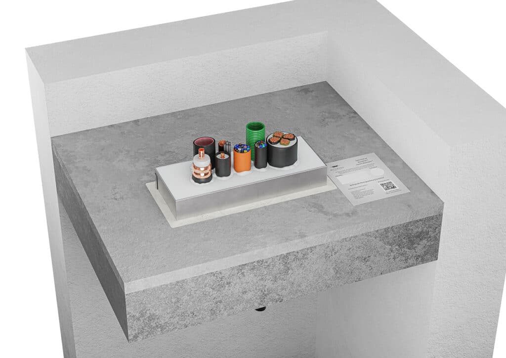 Akustikbox S von Wichmann Brandschutzsysteme als Deckeneinbau mit verschiedenen Kabeldurchführungen für Brandschutz und Schallschutz.