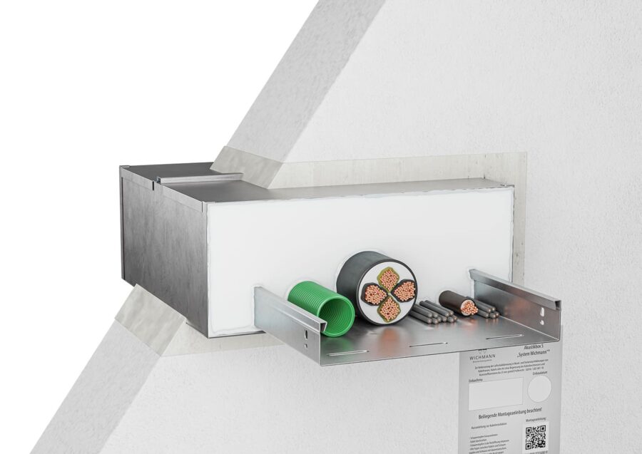 Akustikbox S von Wichmann Brandschutzsysteme als Wandeinbau mit Kabel- und Rohrdurchführungen, um Schall- und Brandübertragung zu verhindern.