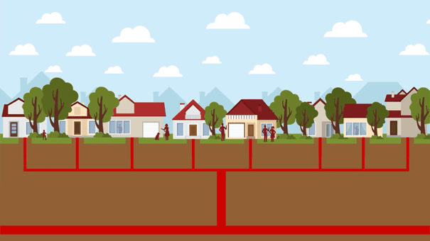 Illustration eines Nah- und Fernwärmenetzes mit angeschlossenen Wohnhäusern.