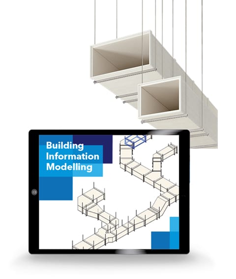 Digitale Darstellung von Lüftungskanälen in einer BIM-Software auf einem Tablet.