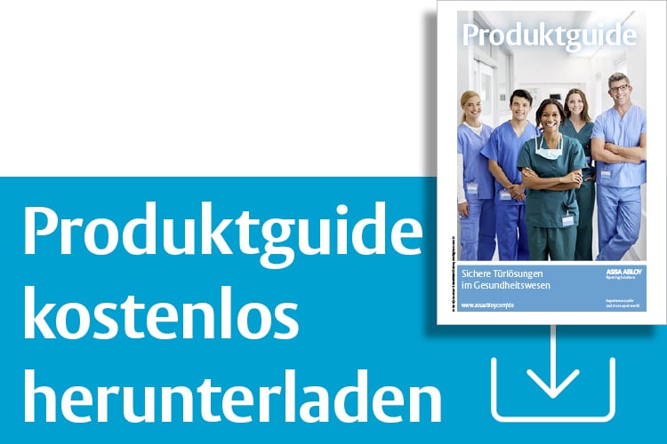 Titelbild eines Produktguides für Türlösungen im Gesundheitswesen mit medizinischem Personal und Download-Hinweis.