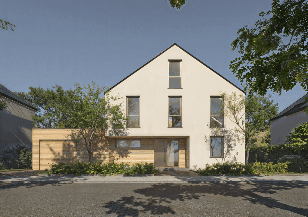 Modernes Einfamilienhaus mit klassischem Satteldach, heller Putzfassade und eingeschossigem Holzbaukörper im Erdgeschoss.