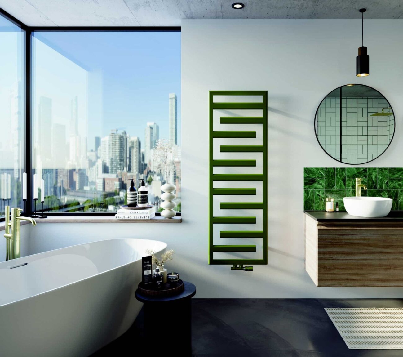 Moderner Heizkörper in Olivgrün von Zehnder – elegantes Bad mit warmen Farbakzenten und harmonischer Raumgestaltung.