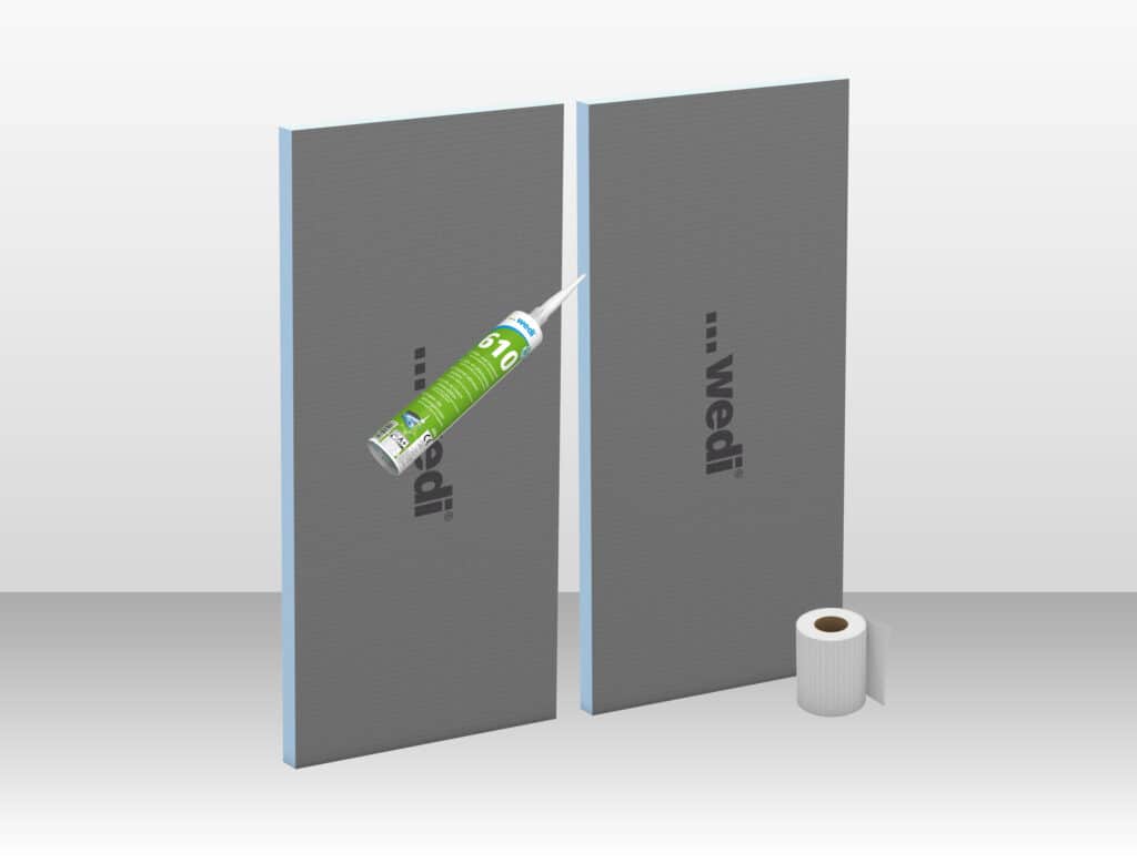 Wedi-Bauplatten mit Fugenverklebung durch Wedi 610 Dichtstoff und Verstärkungsband zur sicheren Abdichtung im Nassraum.