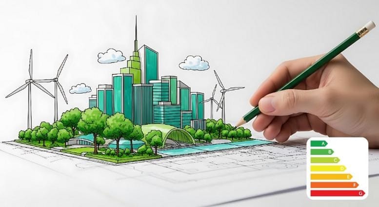 Hand zeichnet ein futuristisches, grünes Stadtmodell mit Windrädern, Bäumen und Energieeffizienz-Label im Vordergrund.