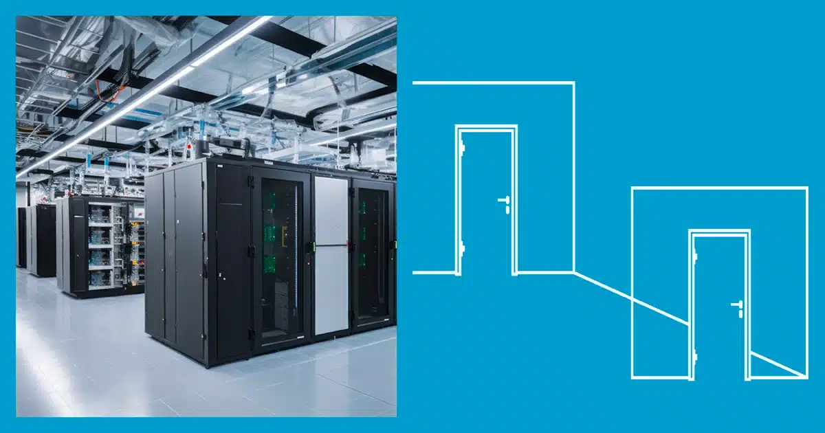 Rechenzentrum mit Serverschränken und grafischer Tür-Illustration