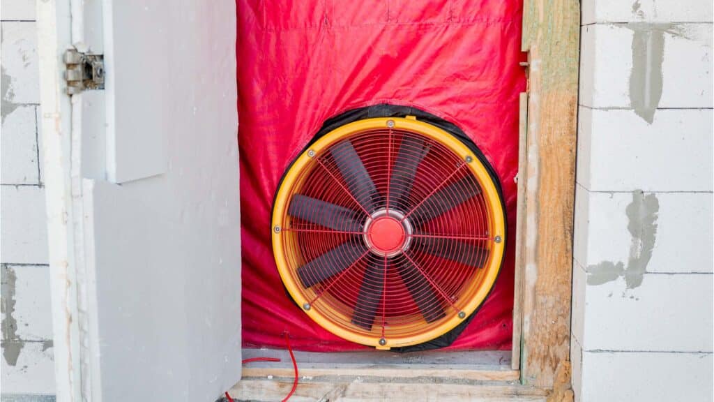 Blower-Door-Test mit Ventilator zur Messung der Luftdichtheit in einem Gebäude