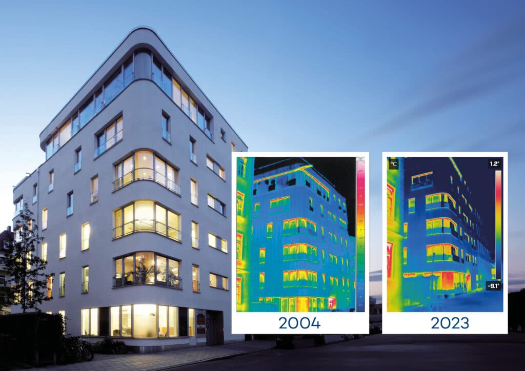 Futurhaus München mit Thermografieaufnahmen aus 2004 und 2023 zur Effizienzsteigerung durch verbesserte Dämmung.