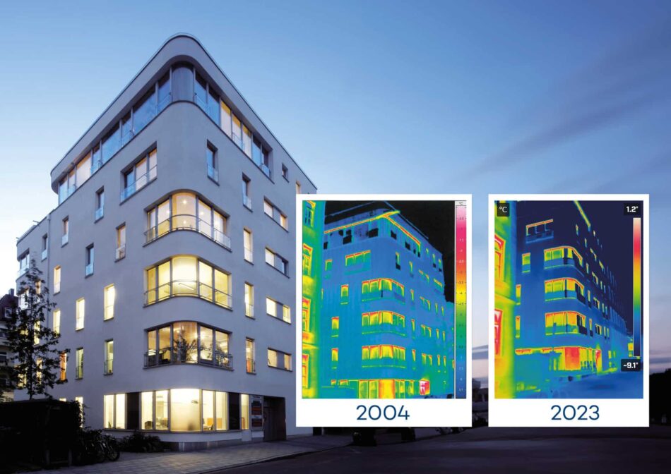 Futurhaus München mit Thermografieaufnahmen aus 2004 und 2023 zur Effizienzsteigerung durch verbesserte Dämmung.