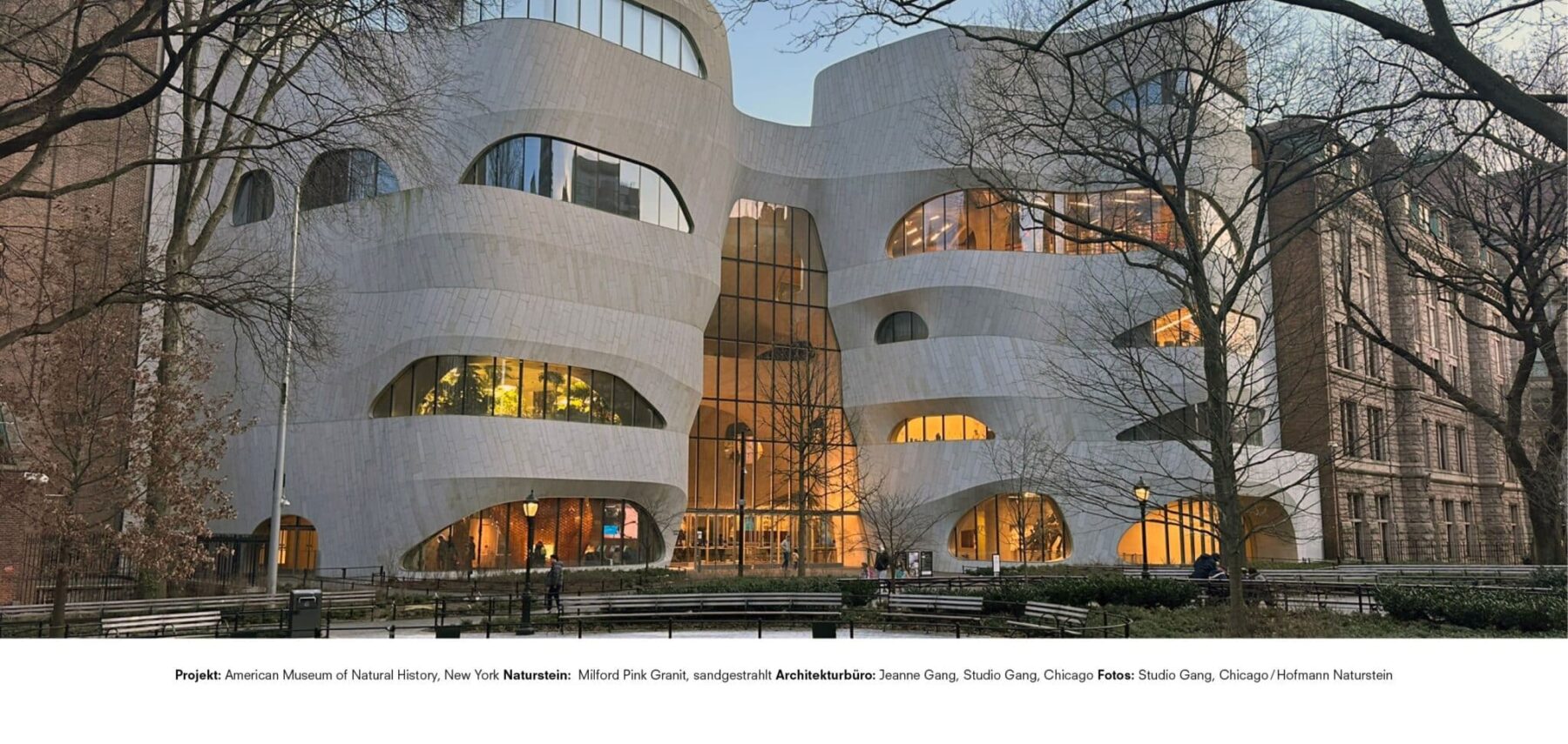 Dynamisch geformte Museumsfassade aus hellem Milford Pink Granit mit großen, organisch geschwungenen Fensteröffnungen; Blick durch den Central Park auf das neu gestaltete Gebäude des American Museum of Natural History.