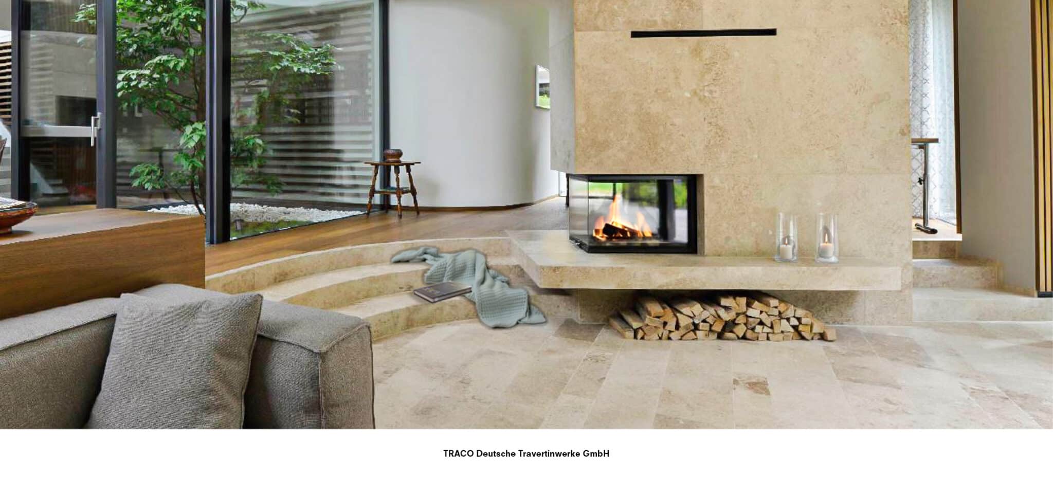 Kaminanlage und Stufen aus hellem Kalkstein in einer modernen Wohnarchitektur, gefertigt von TRACO Deutsche Travertinwerke GmbH.