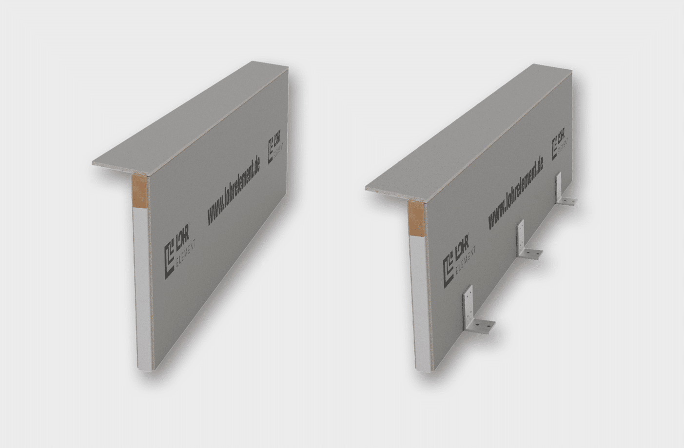 3D-Visualisierung des LAS Brüstungssystems auf hellem Hintergrund; L-förmiges Element mit Dämmkern und Befestigungswinkeln.
