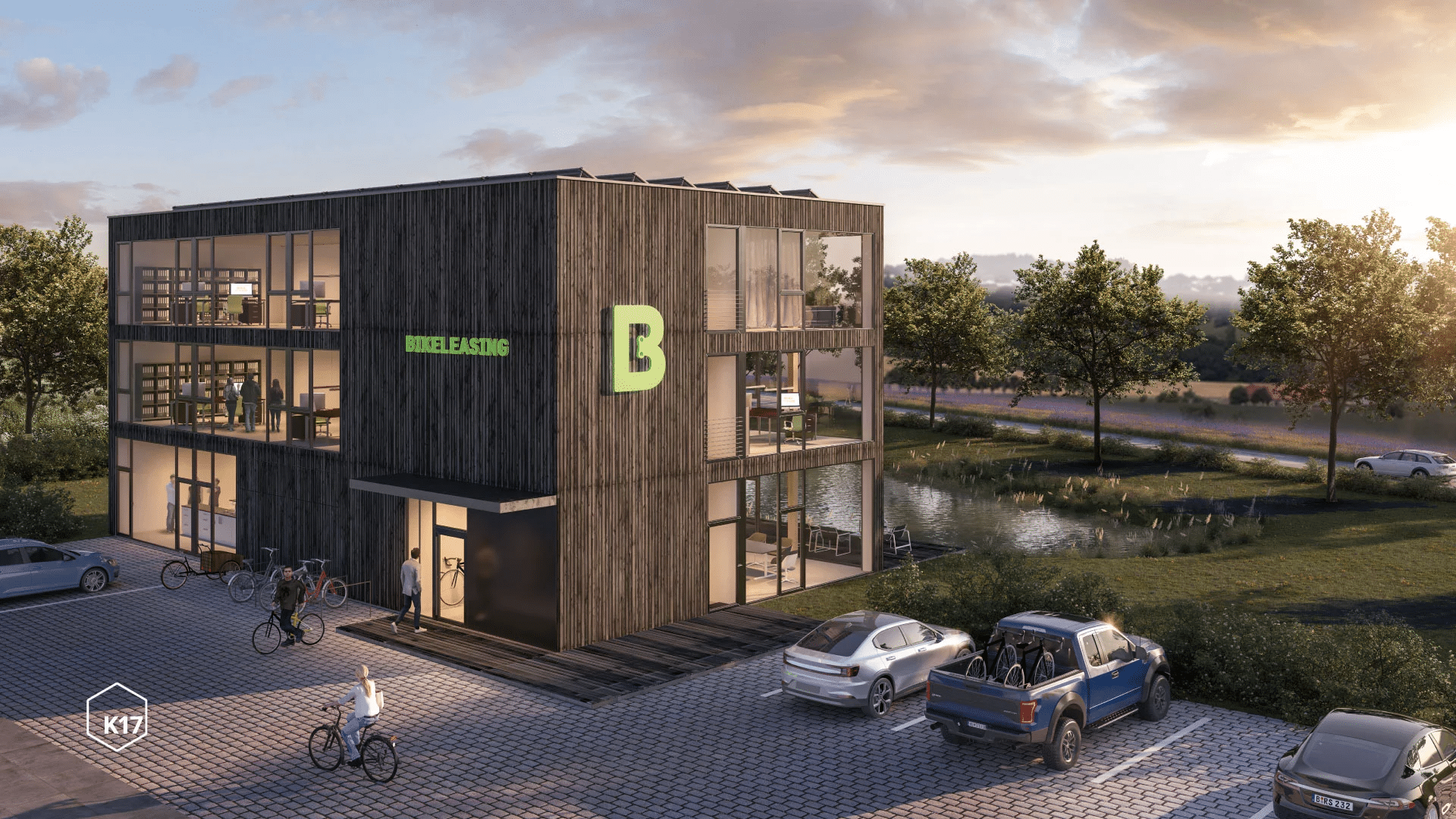 Visualisierung eines modernen Holzgebäudes mit Parkplatz, Firmenlogo und großen Fenstern