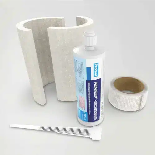 Produktset des Promat Easyfit Systems bestehend aus zweiteiliger Manschette, Kartusche, Düse und Gewebeband.