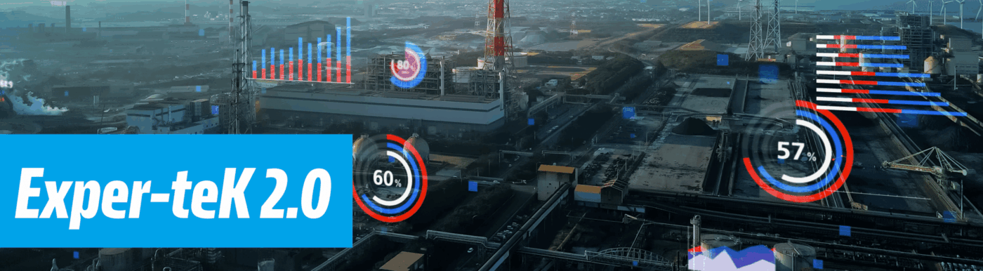 Visualisierung der digitalen Plattform Exper-teK 2.0 mit Datenanalysen und Prozessgrafiken über einer Industrieanlage, Symbol für vernetzte und effiziente Bauprozesse.