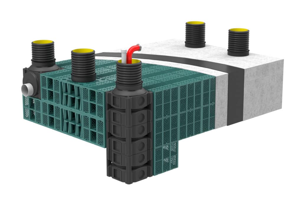 Einbau des FRAENKISCHE QuadroTake Systems im Rigolenkörper zur Überwachung und Kontrolle von Regenwasserspeichern