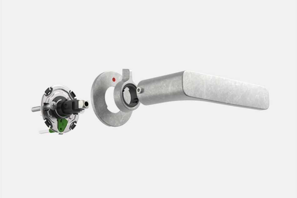 Detailaufnahme des FSB 1289 mit AFL®, halb zerlegt, sichtbar sind Rosette, AFL®-Mechanismus und Griffteil in Betonoptik.