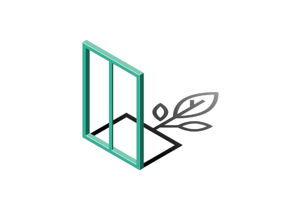 Grafisches Symbol mit stilisiertem Fensterrahmen und Blatt – Zeichen für nachhaltiges Bauen mit modernen Fenstersystemen.