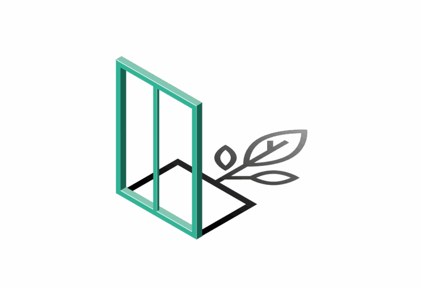 Grafisches Symbol mit stilisiertem Fensterrahmen und Blatt – Zeichen für nachhaltiges Bauen mit modernen Fenstersystemen.
