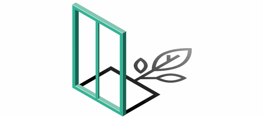 Grafisches Symbol mit stilisiertem Fensterrahmen und Blatt – Zeichen für nachhaltiges Bauen mit modernen Fenstersystemen.