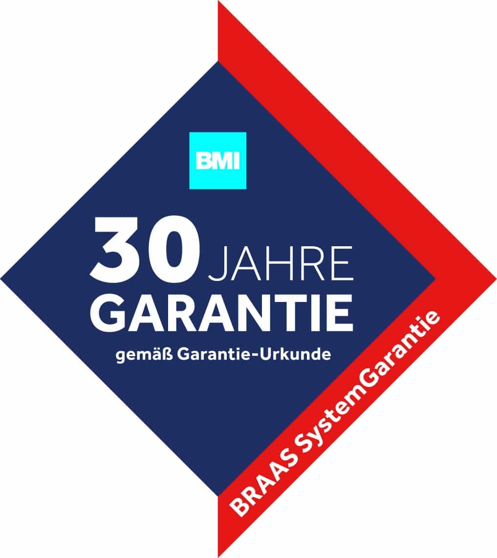 Logo „30 Jahre Garantie“ für das Braas Dach- und PV Premium System gemäß Garantie-Urkunde.