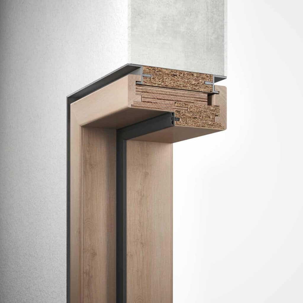 Detaillierter Aufbau einer Holz-Blockzarge mit massiver Holzkonstruktion und Dichtungssystem