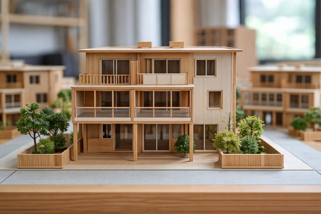 Detailreiches Architekturmodell eines mehrgeschossigen Wohngebäudes in Holzbauweise mit Balkonen, großen Fensterflächen und begrünter Außenanlage.