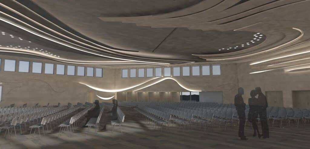 Rendering eines großen Veranstaltungssaals mit geschwungener akustischer Decke, integrierten LED-Bändern und Reihenbestuhlung