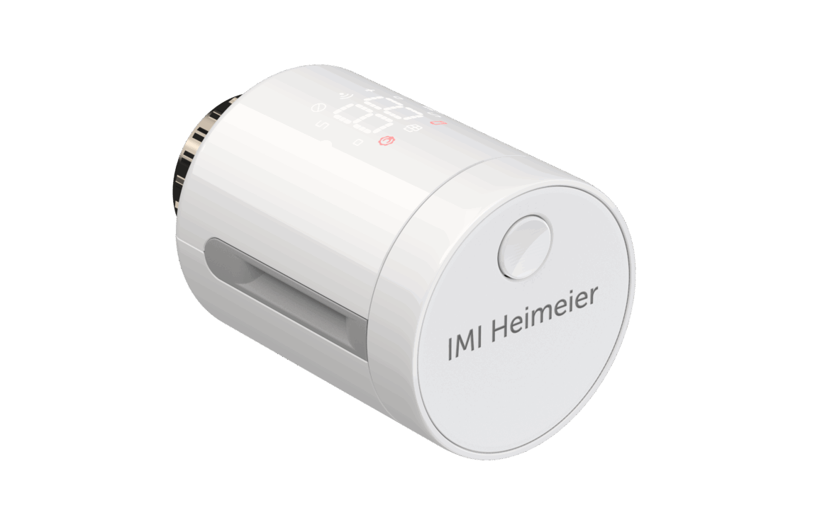 Weißes smartes Heizkörperthermostat IMI neo-K mit digitaler Anzeige für eine effiziente Heizungssteuerung.