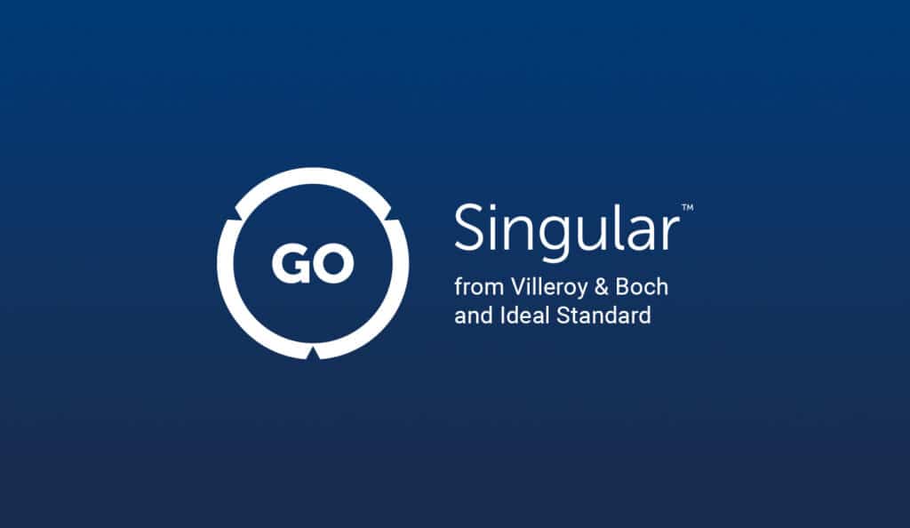 Kreisförmiges „GO“-Logo mit dem Schriftzug „Singular from Villeroy & Boch and Ideal Standard“ auf blauem Hintergrund