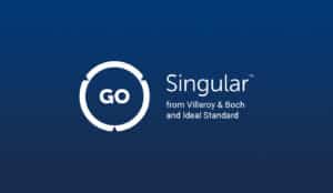Kreisförmiges „GO“-Logo mit dem Schriftzug „Singular from Villeroy & Boch and Ideal Standard“ auf blauem Hintergrund